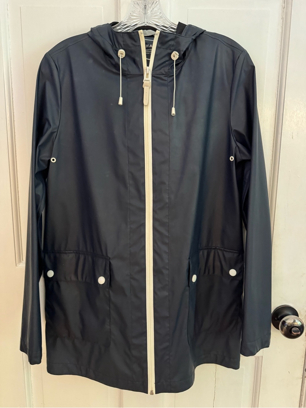 Women’s Cole Haan Signature Navy Blue Raincoat - Cinch Waist & Hood, Size SP